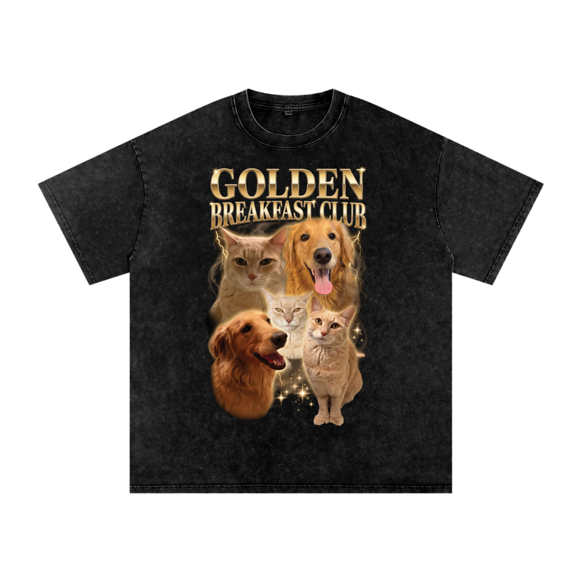 Snow Washed Oversized Cotton T-Shirt: Golden Breakfast Club Retro Collage